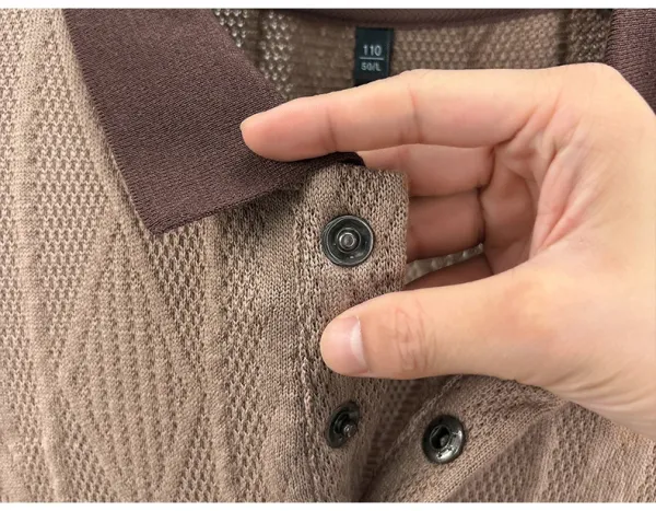 Design Knit Diamond Pattern Polo Shirt Gray with Brown Collar Tops Polo - 26