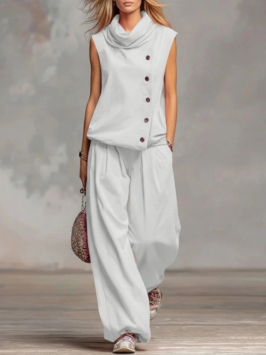 Design Sleeveless Cowl Neck Button-Front Set in Sky Blue - 6