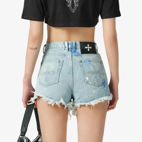 Design Embroidered Fleur-de-Lis Denim Shorts with Frayed Hem and Paint Splatter Detail - 7