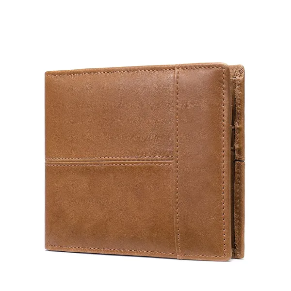 Design Classic Stitched Brown Leather Short Wallet - 1