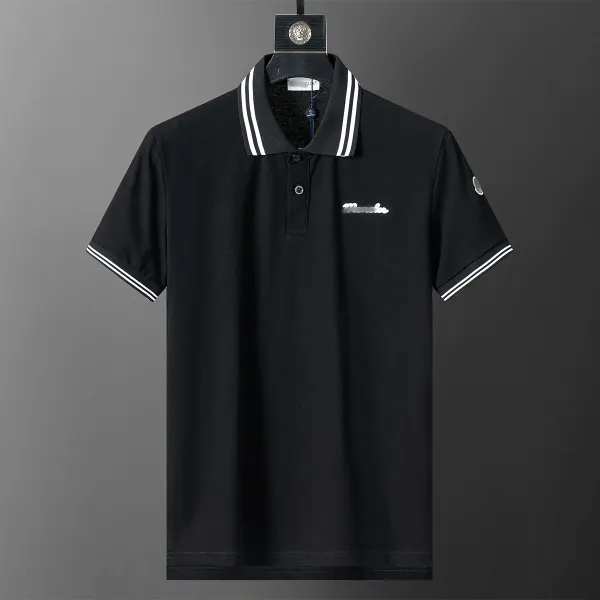 Moncler Polo Black with White Stripe Collar and Embroidered Logo Polo Shirt - 1