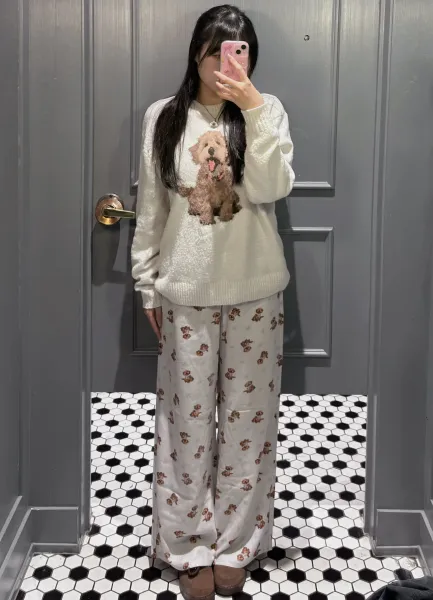 Design Floral Print Wide-Leg Pajama Pants White Sleepwear - 21