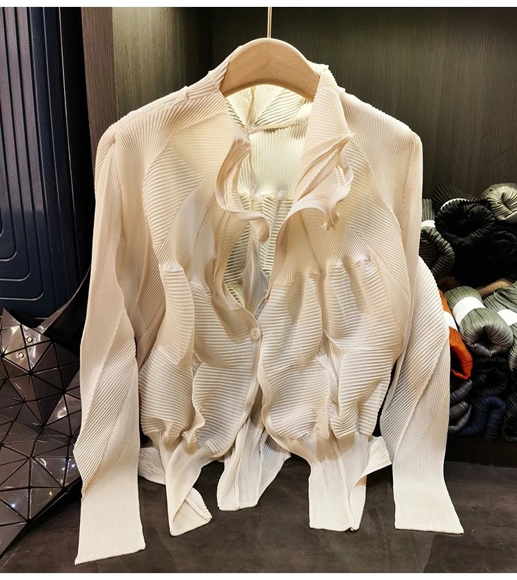Issey Miyake Pleated Blouse Beige Shirt - 6