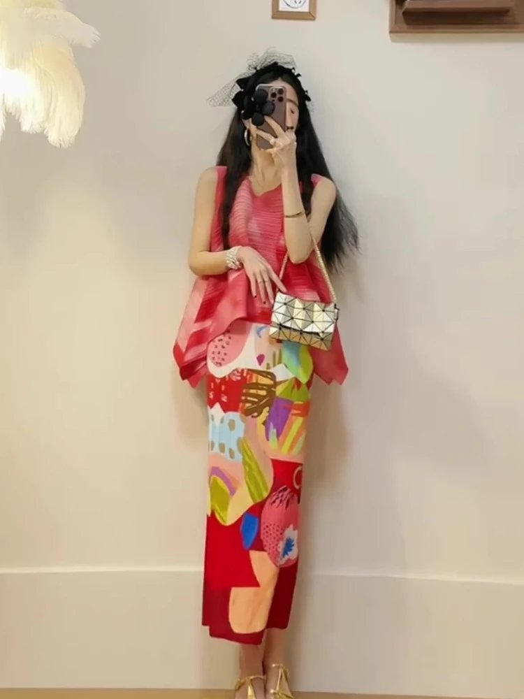 Issey Miyake Pleated Colorful Abstract Print Skirt Set Orange Multicolor Dress - 6
