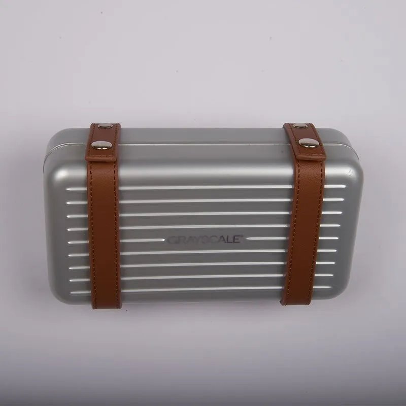 Design Grayscale Mini Hard Case Silver with Brown Leather Straps Clutches