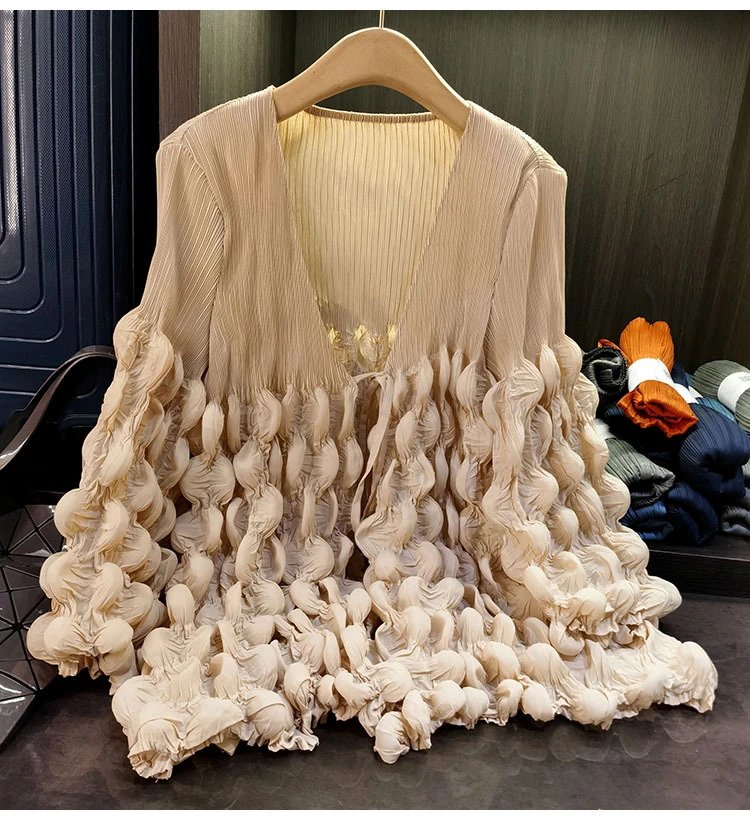Design Pleated Ruched V-Neck Top Beige - 8