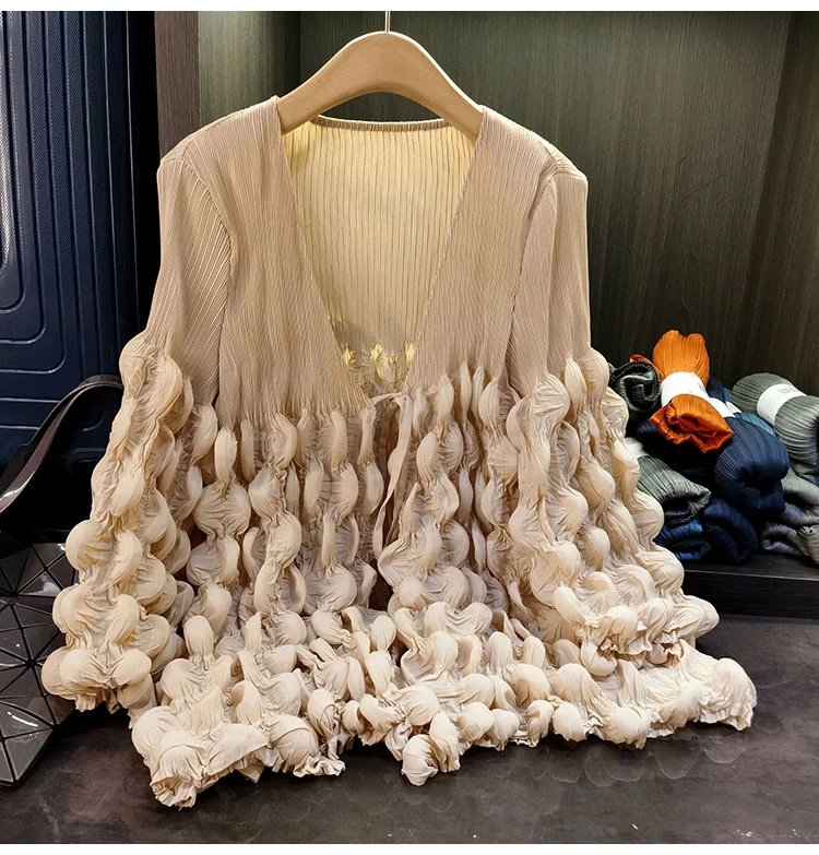 Design Pleated Ruched V-Neck Top Beige - 9