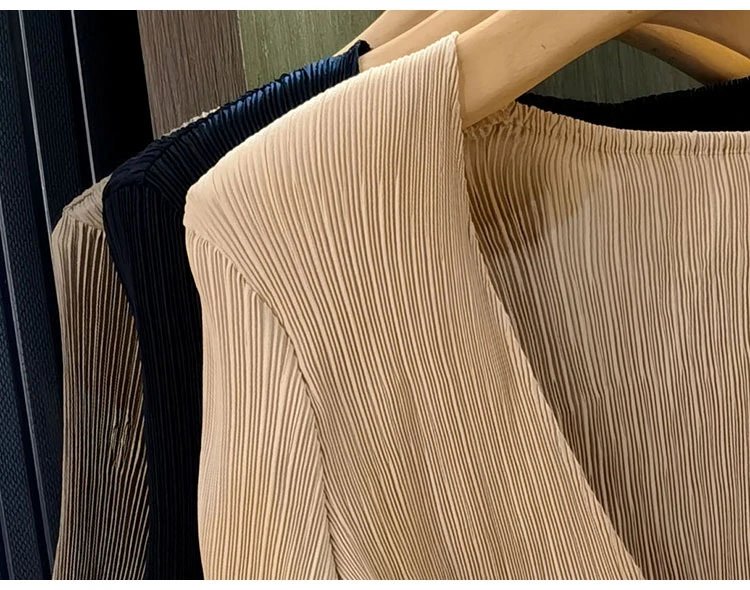 Design Pleated Ruched V-Neck Top Beige - 33