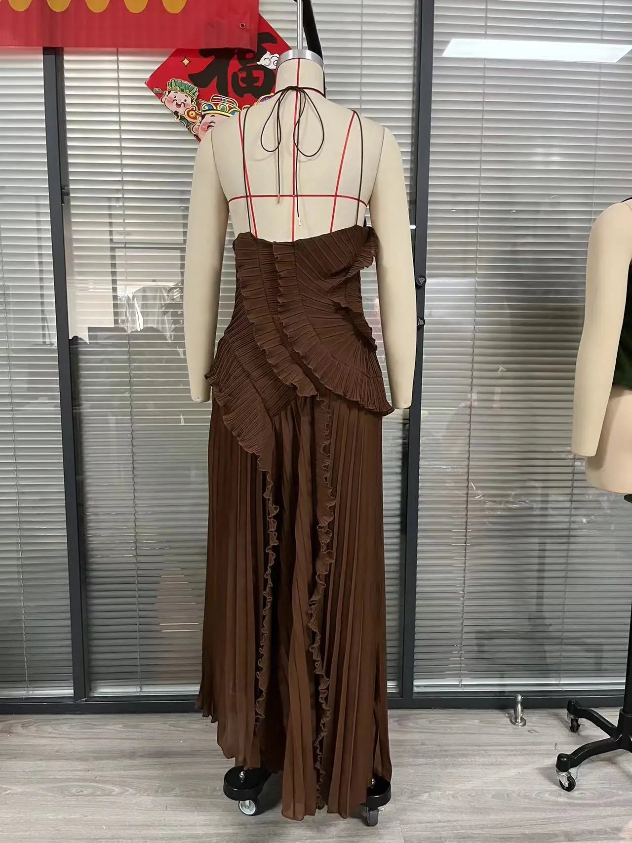Design Pleated Asymmetrical Halter Dress Pink - 22