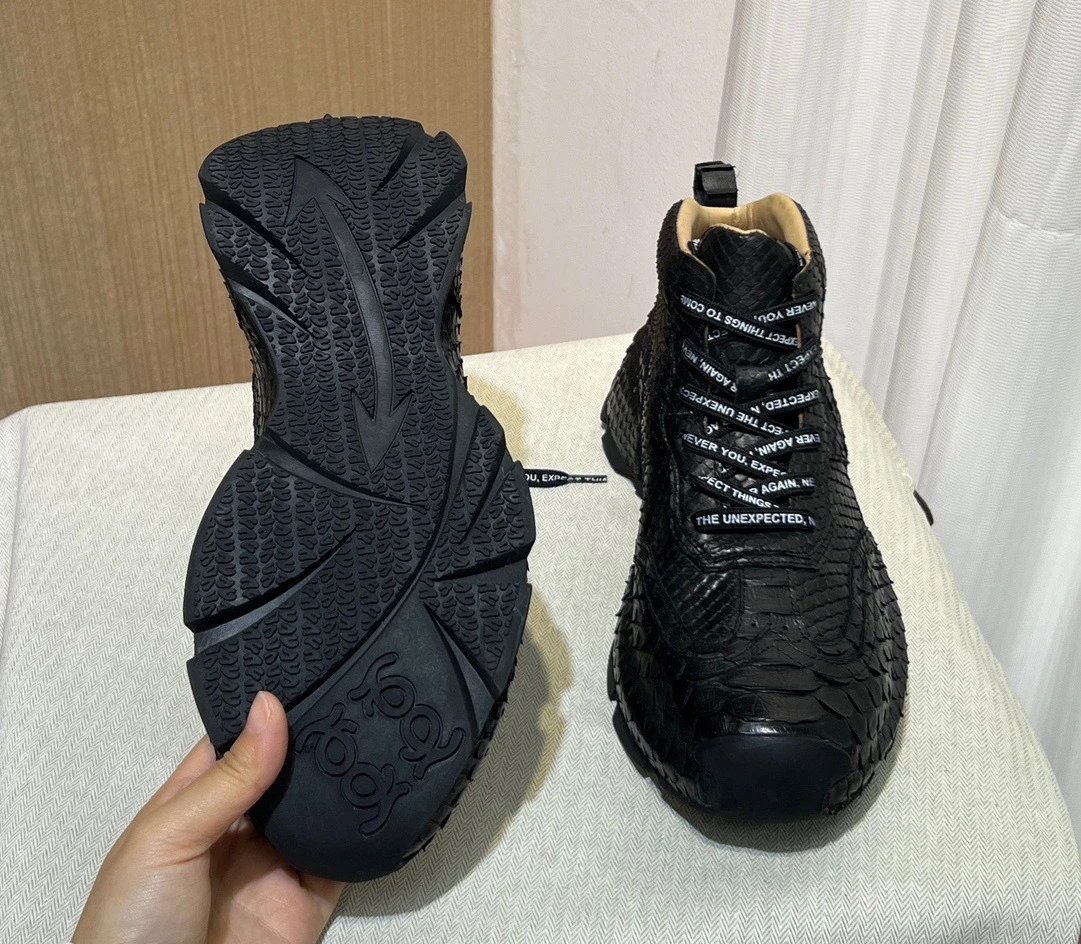 Design Python Skin High-Top Sneakers with Quoted Lace Detail Black - 10