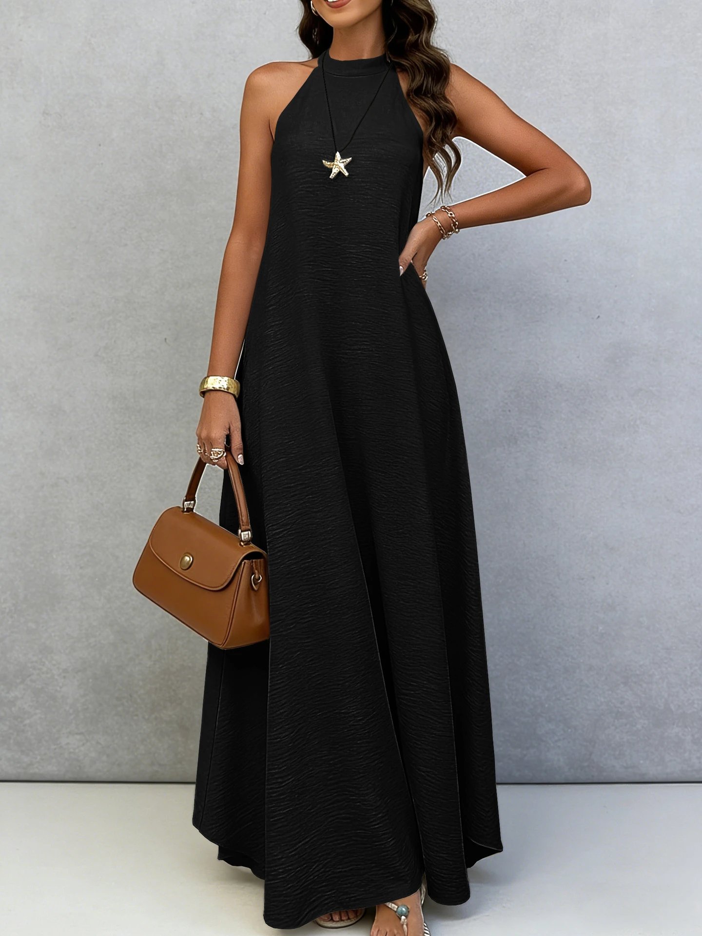 Design Halter Neck Crinkle Maxi Dress Beige - 14