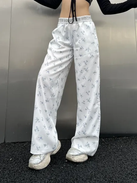 Design Floral Print Wide-Leg Pajama Pants White Sleepwear - 38