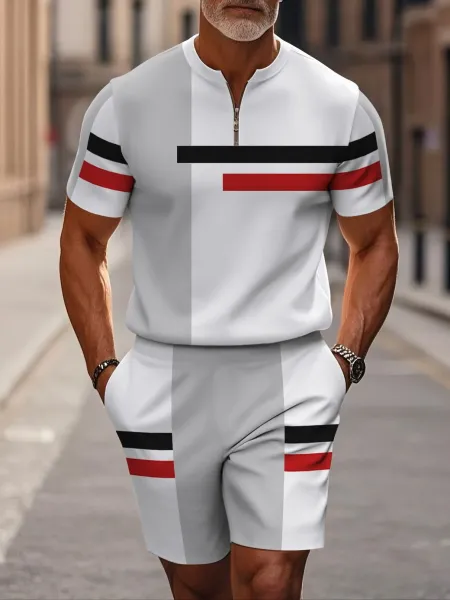 Design Color-Block Zip-Neck Set White Red Black Shorts - 1