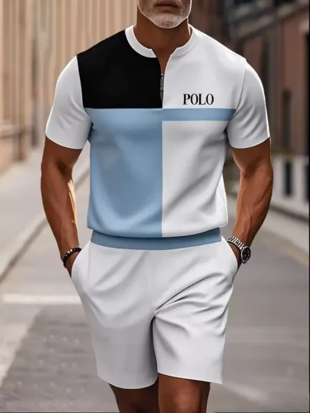 Polo Ralph Lauren Color-Block Polo Shirt White / Black / Light Blue Shorts Set - 1