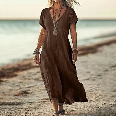 Design V-Neck Linen Maxi Dress Navy - 7