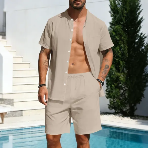 Design Linen-Blend Shirt and Shorts Set Beige Casual Set - 1