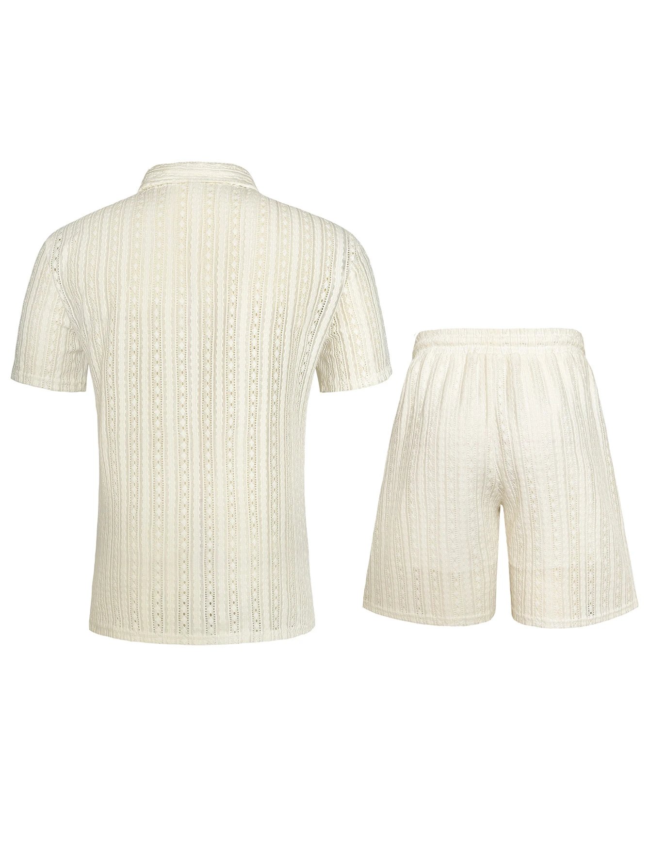 Design Knit Open-Front Short-Sleeve Shirt and Shorts Set Beige - 14