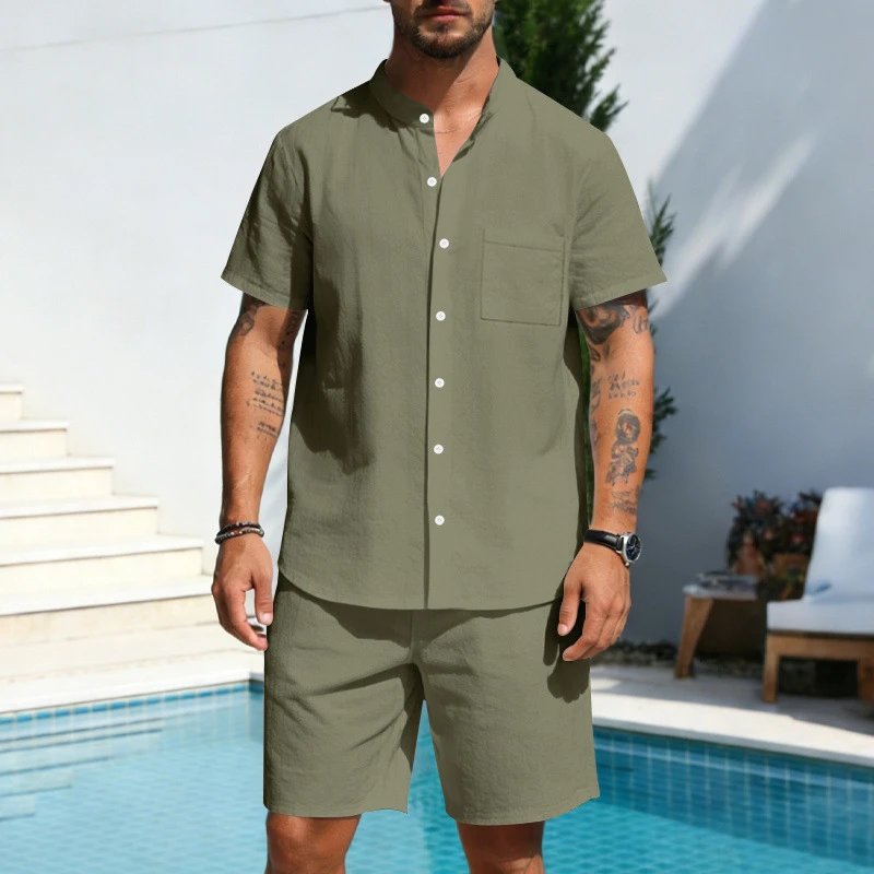Design Olive Green Button-Front Shirt and Drawstring Shorts Set - 23
