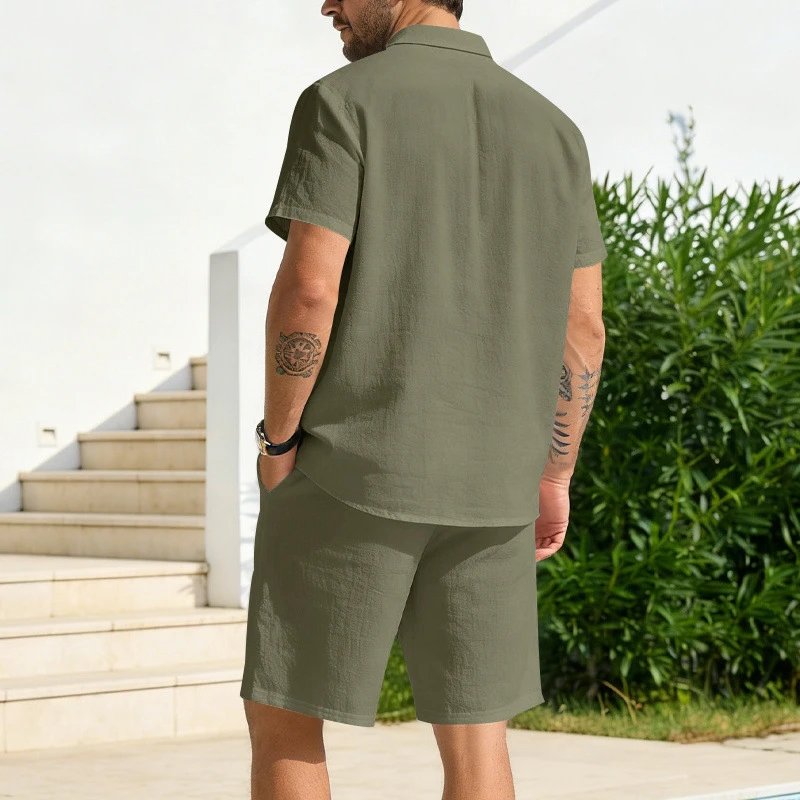 Design Olive Green Button-Front Shirt and Drawstring Shorts Set - 24