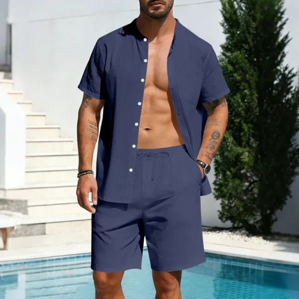 Design Olive Green Button-Front Shirt and Drawstring Shorts Set - 37