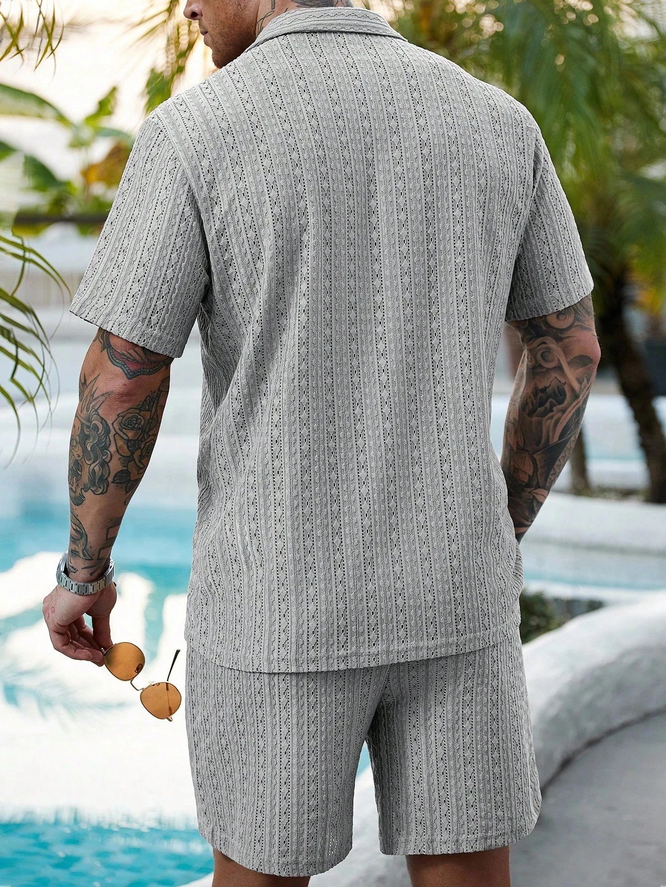 Design Knit Open-Front Short-Sleeve Shirt and Shorts Set Beige - 40