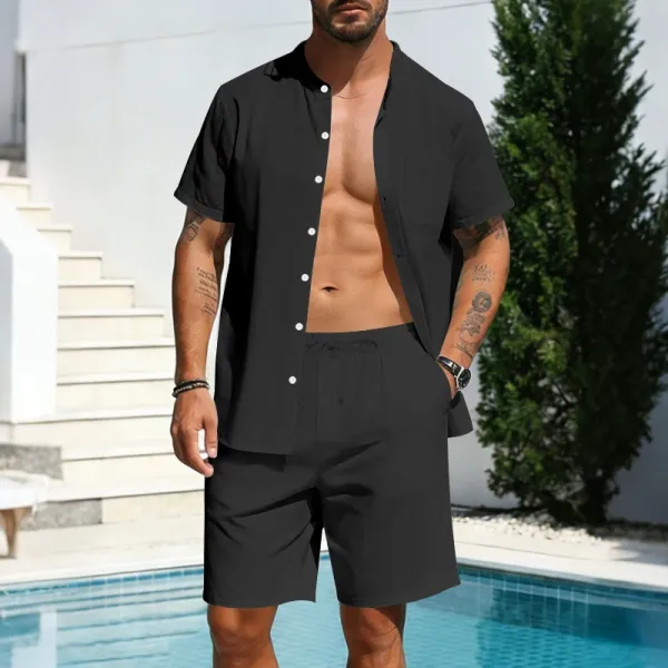 Design Olive Green Button-Front Shirt and Drawstring Shorts Set - 47