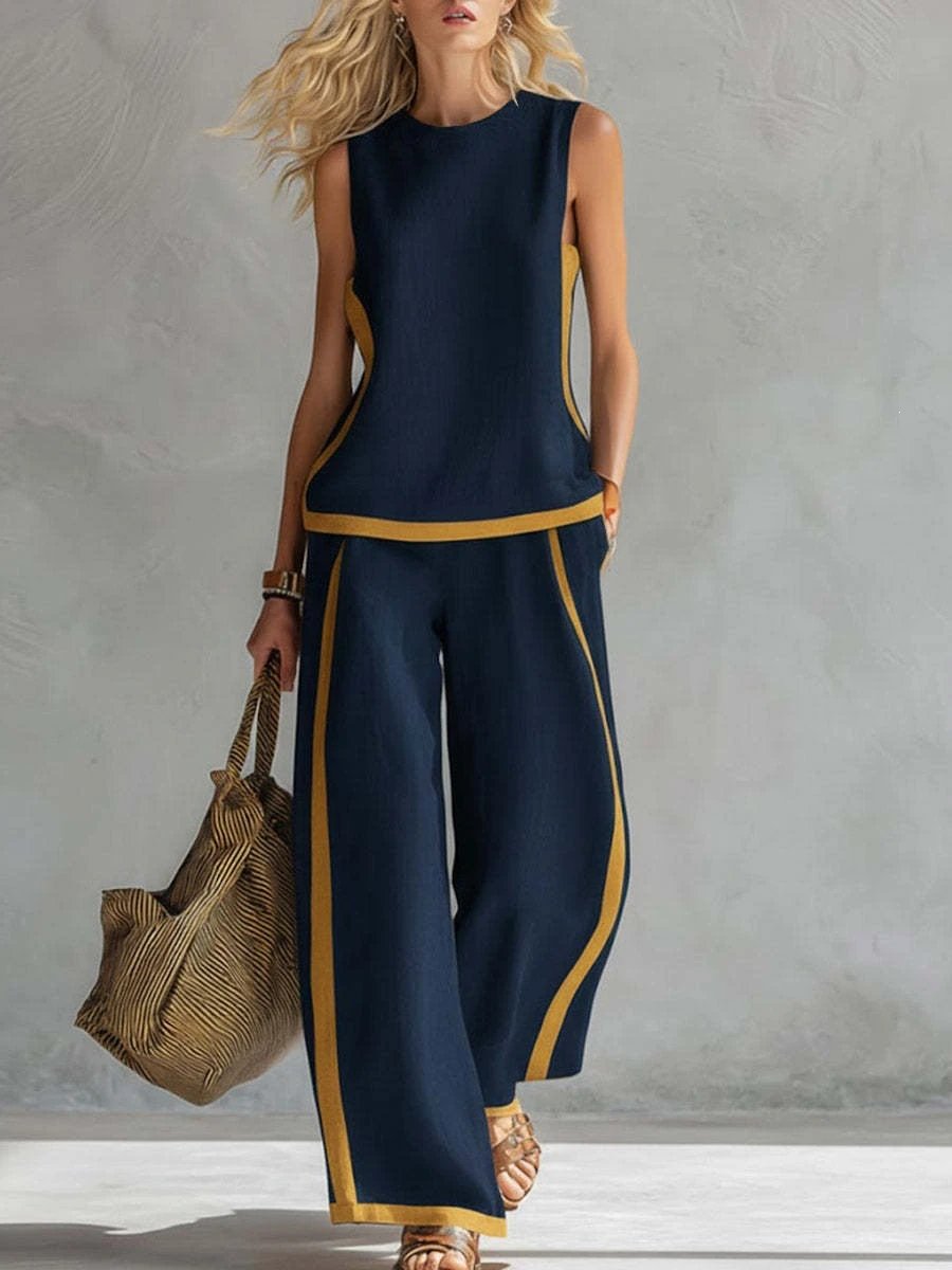 Design Two-Tone Linen Set in Sky Blue with Mustard Trim Pants and Top - 8