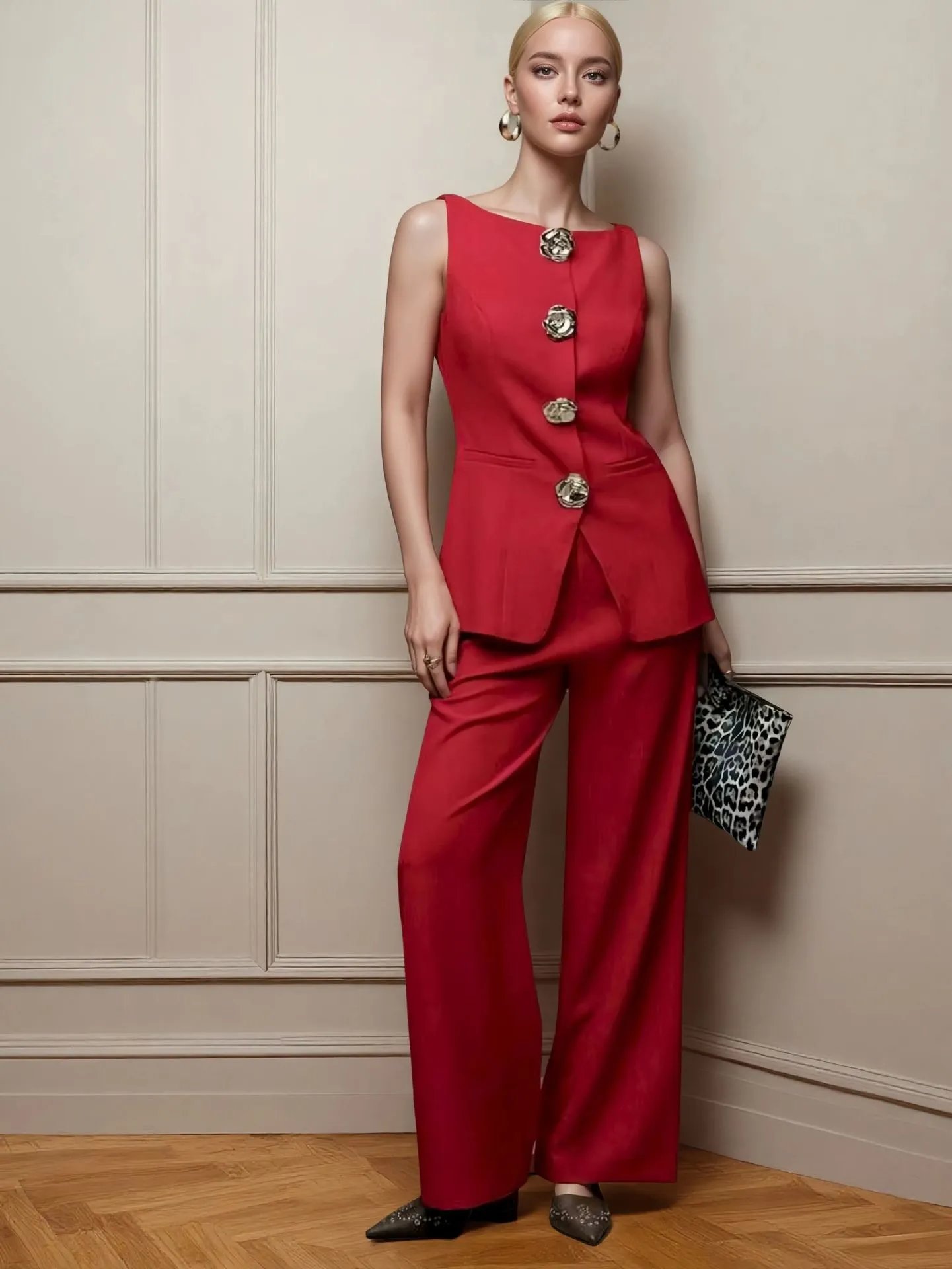 Design Burgundy Tailored Jumpsuit with Floral Buttons Women's Set - 32