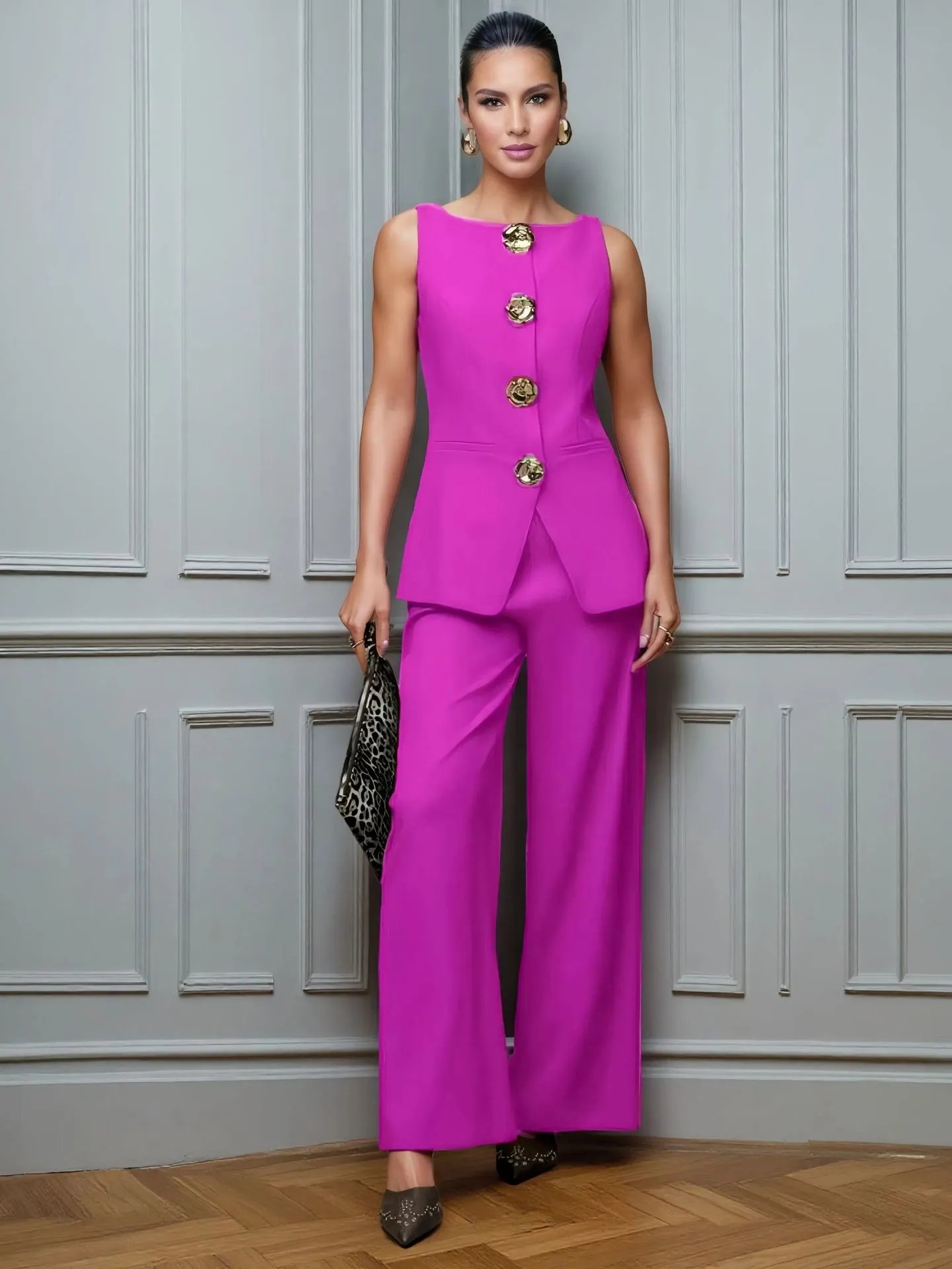 Design Burgundy Tailored Jumpsuit with Floral Buttons Women's Set - 37