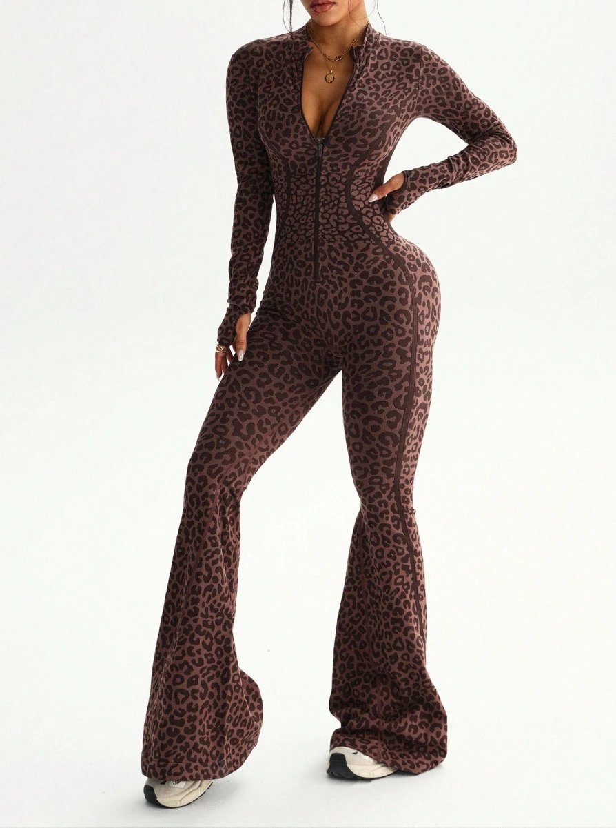 Design Leopard Print Zip-Front Jumpsuit Brown Sets - 6