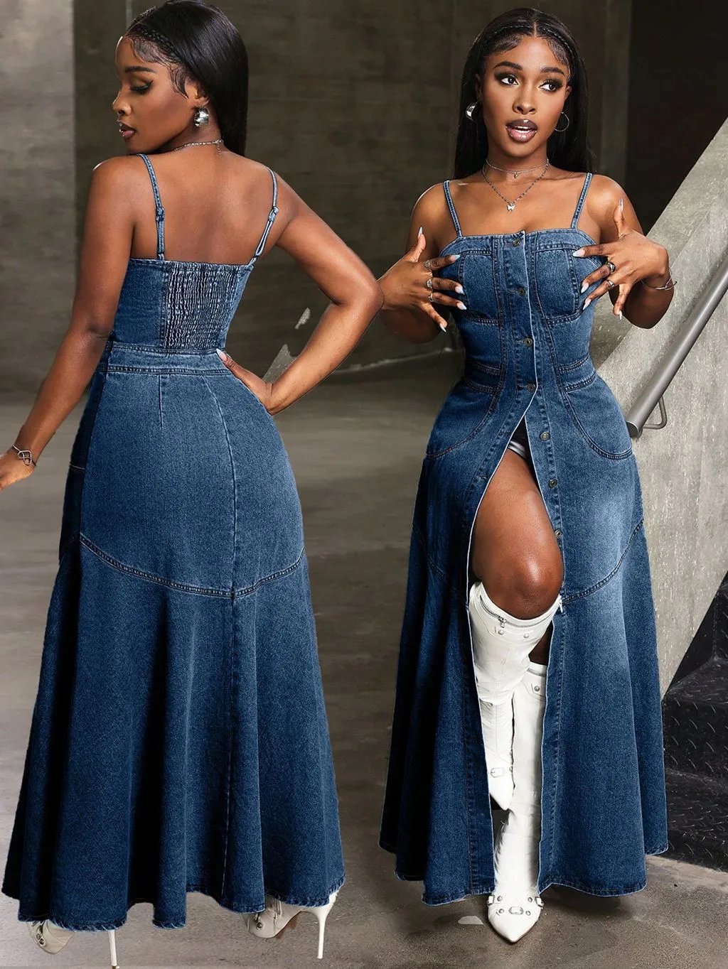 Design Denim Maxi Dress with Front Slit and Smocked Back Dress - 3