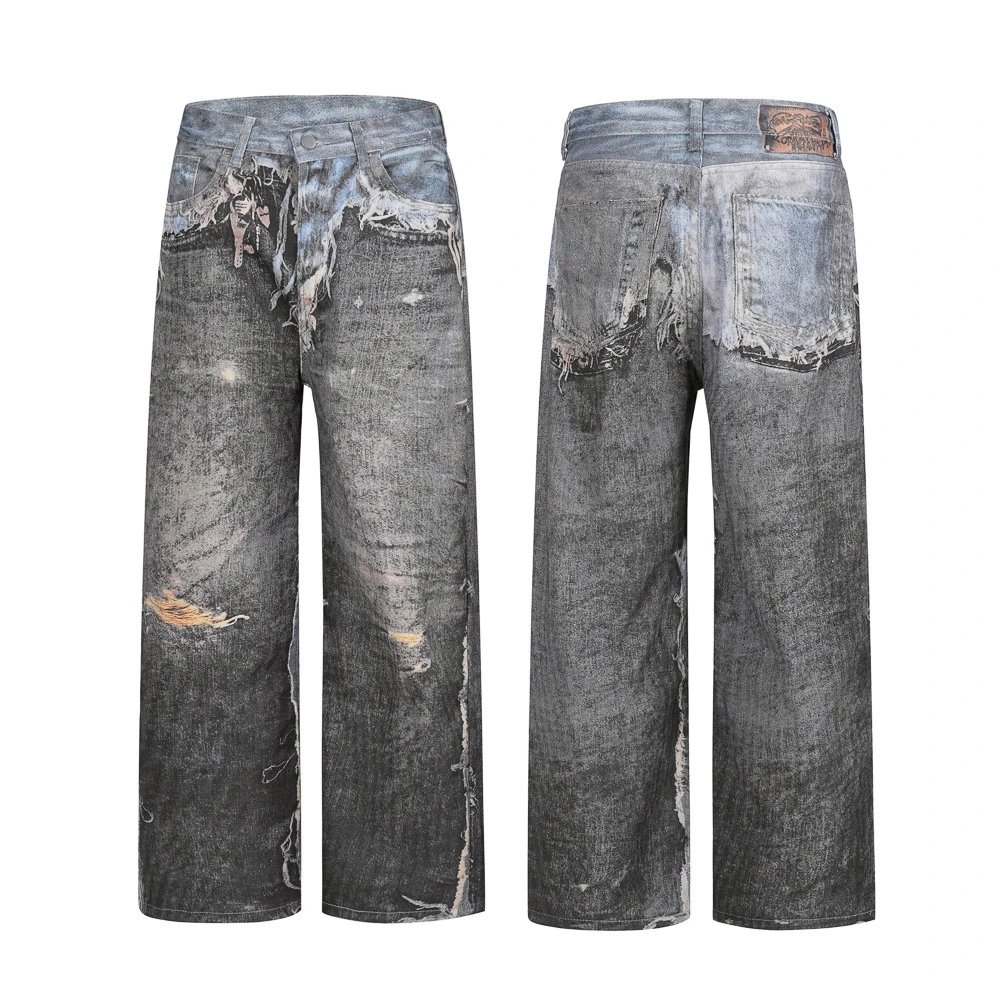 Denim Tears Distressed Wide-Leg Jeans Gray
