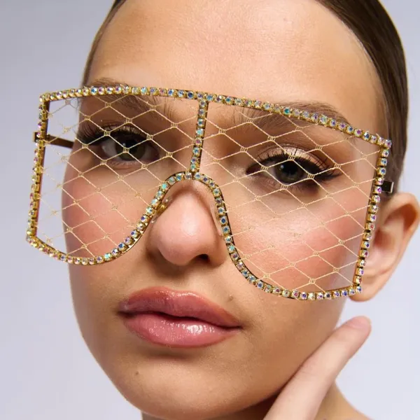 Design Oversized Mesh Veil Sunglasses with Crystal Embellishment Gold Eyewear - 1