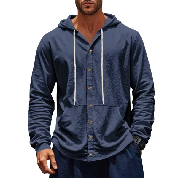 Design Hooded Button-Up Shirt Navy Blue Hoodie - 1