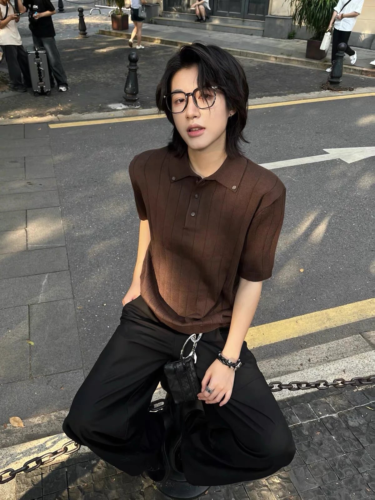 Design Ribbed Knit Polo Black Tops.polo - 5