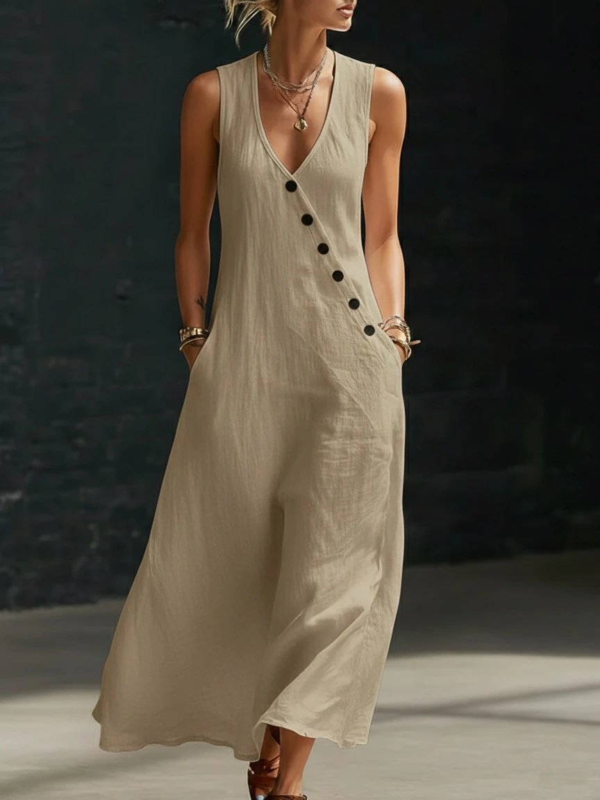 Design Sleeveless V-Neck Button-Front Maxi Dress Burgundy - 5