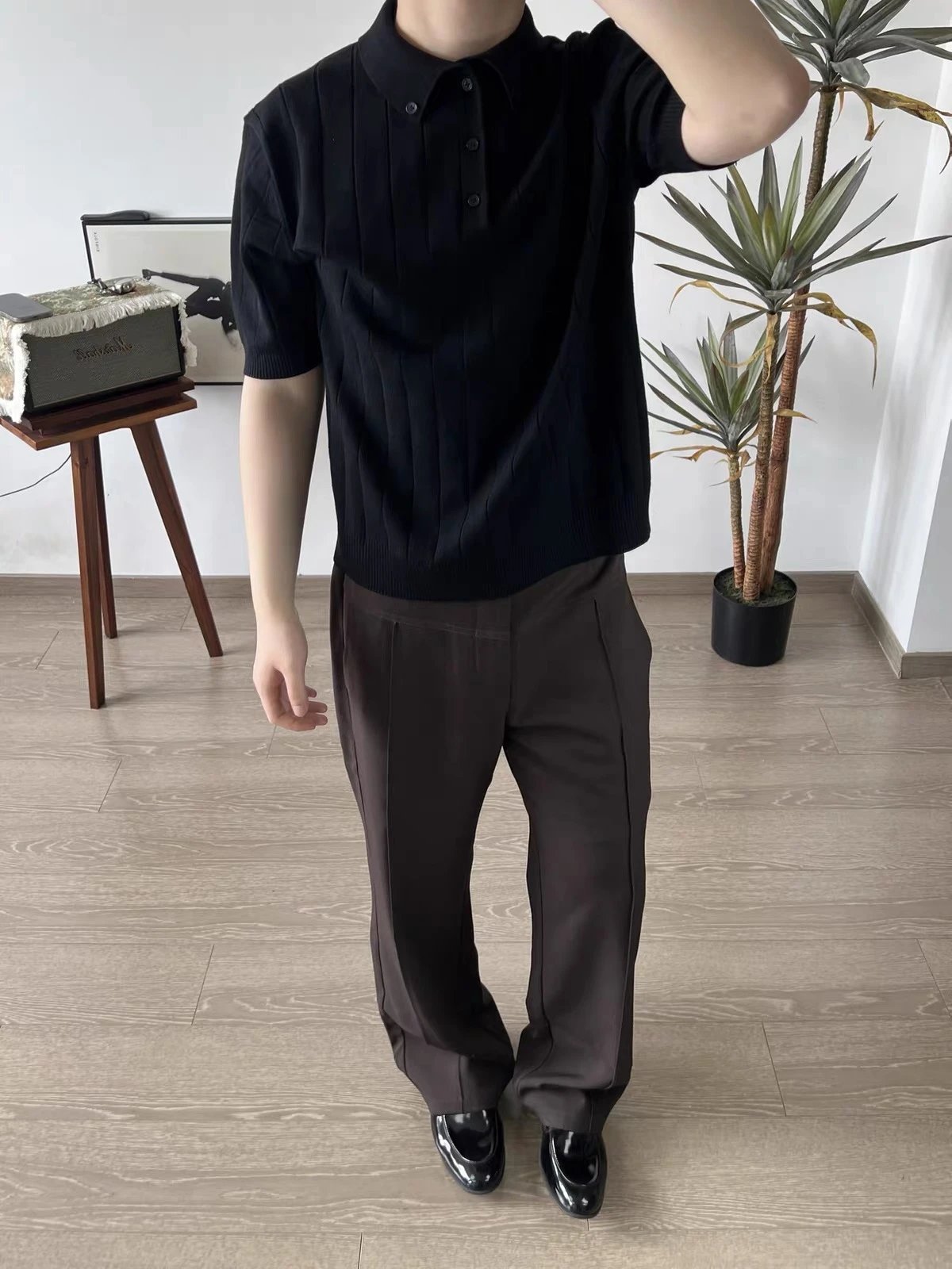 Design Ribbed Knit Polo Black Tops.polo - 9