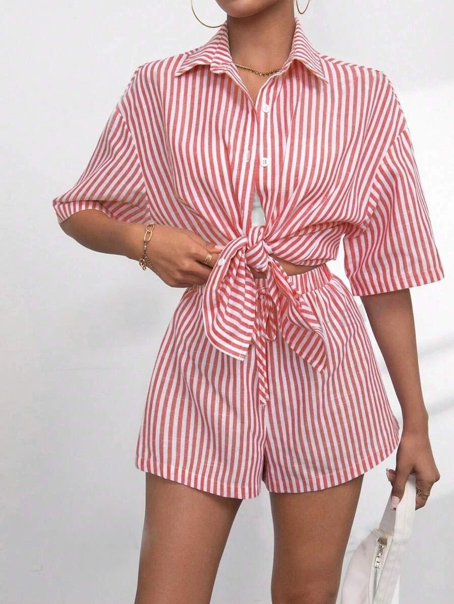 Design Pink and White Striped Oversized Shirt and Shorts Set - 8
