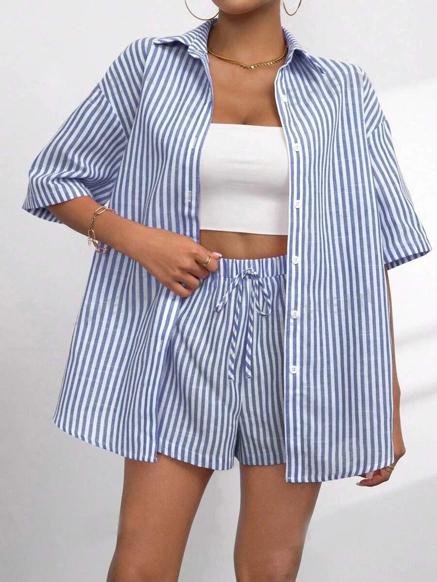 Design Pink and White Striped Oversized Shirt and Shorts Set - 11