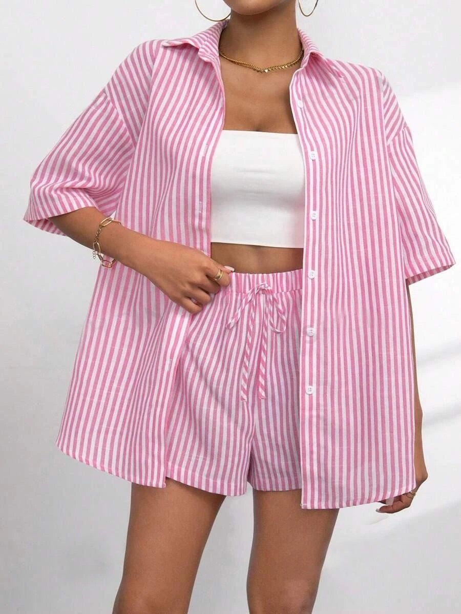 Design Pink and White Striped Oversized Shirt and Shorts Set - 15
