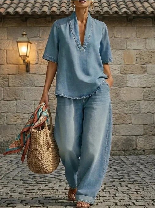 Design Linen V-Neck Shirt and Wide-Leg Pants Set Black - 7