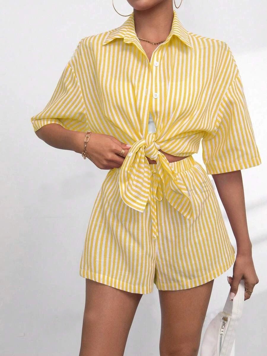 Design Pink and White Striped Oversized Shirt and Shorts Set - 20