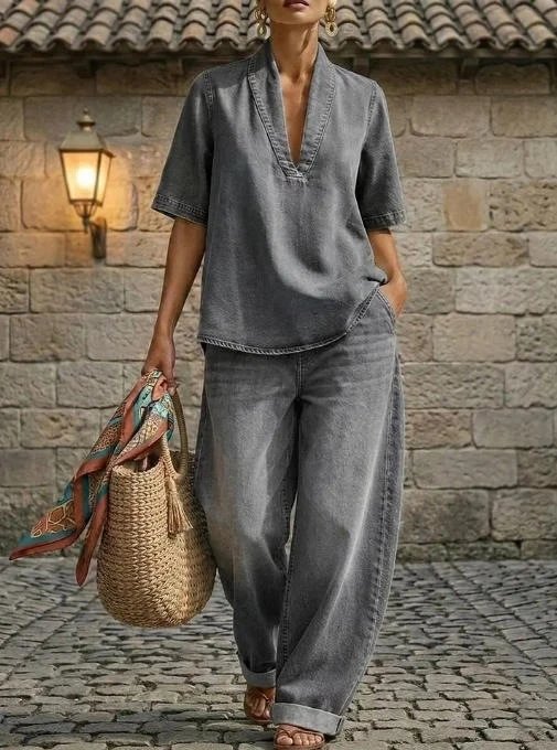 Design Linen V-Neck Shirt and Wide-Leg Pants Set Black - 10