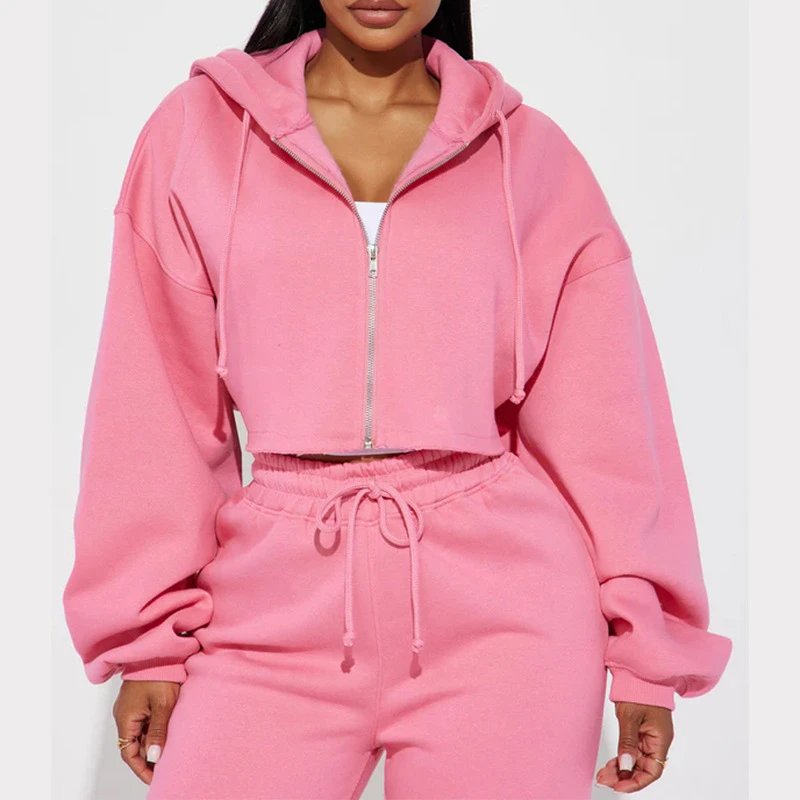 Design Cropped Hoodie and Wide-Leg Sweatpants Set in Light Gray - 4