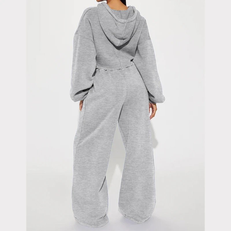 Design Cropped Hoodie and Wide-Leg Sweatpants Set in Light Gray - 31