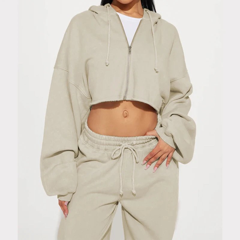 Design Cropped Hoodie and Wide-Leg Sweatpants Set in Light Gray - 33