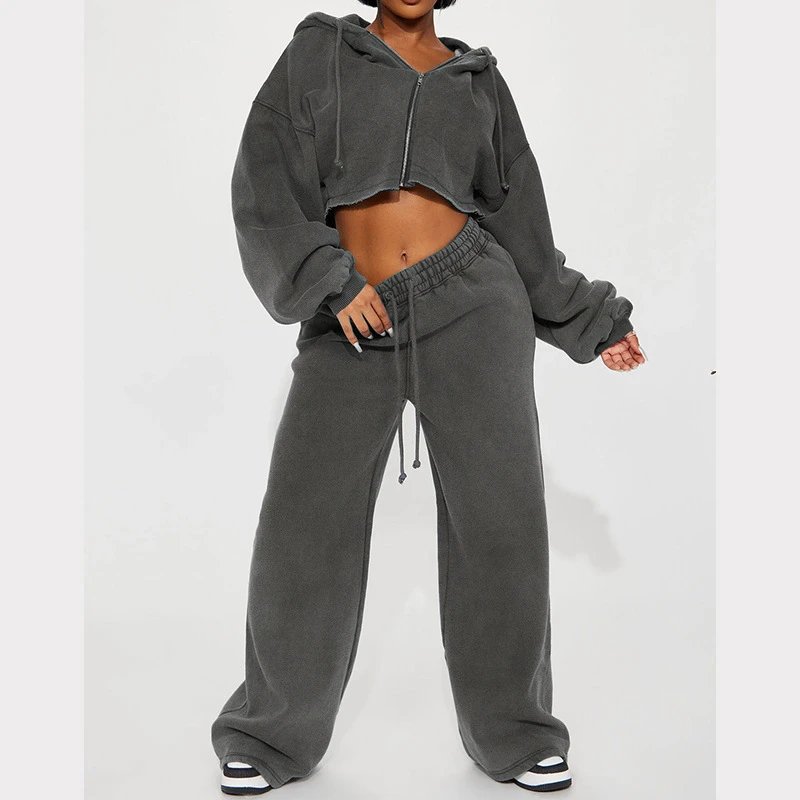 Design Cropped Hoodie and Wide-Leg Sweatpants Set in Light Gray - 36