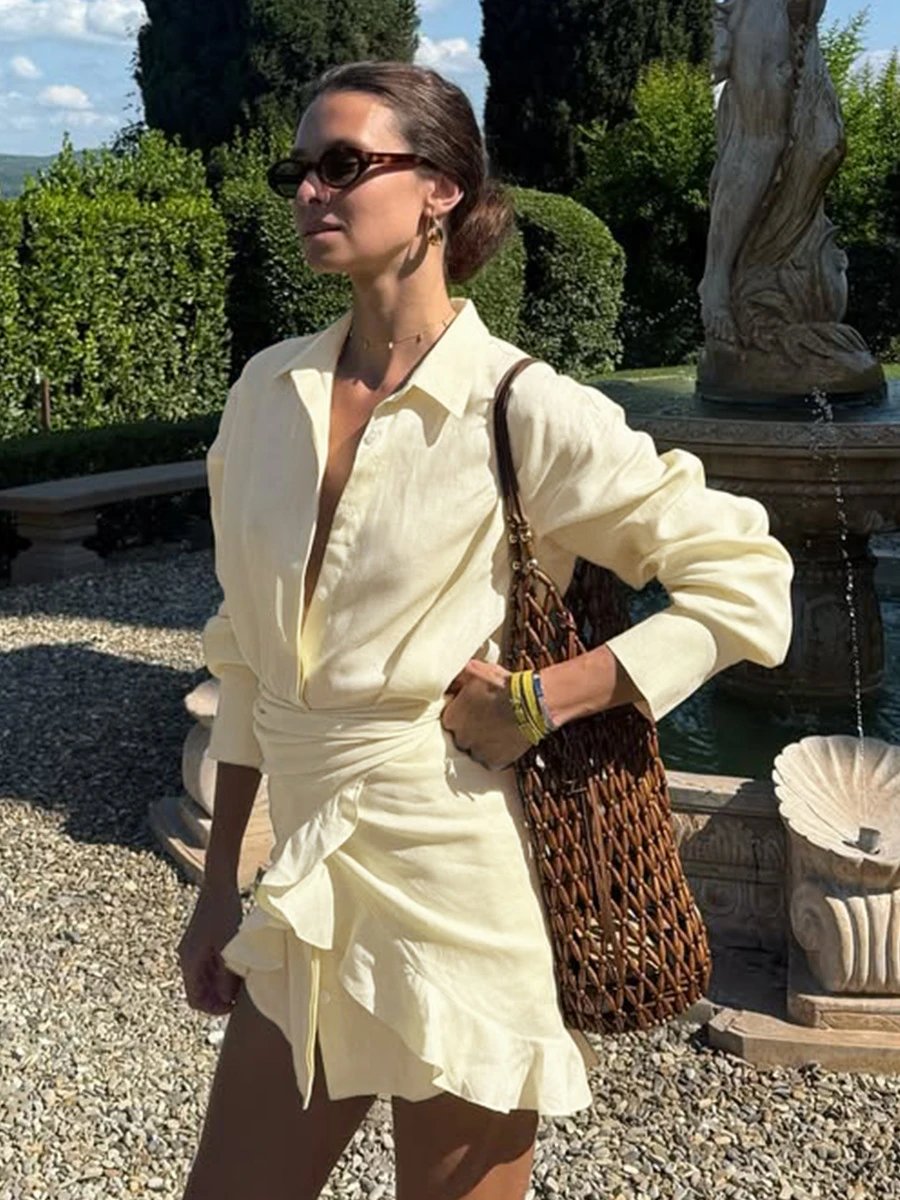 Design Off-White Style Linen Shirt and Ruffled Mini Skirt Set in Cream - 51