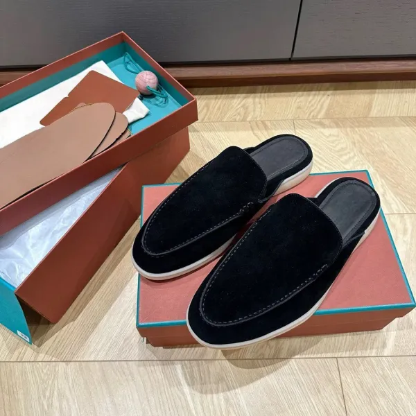 Design Black Suede Loafer Mules with White Sole Loafers - 1
