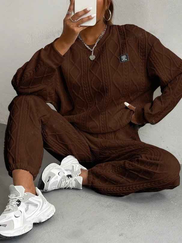 Design Cable Knit Sweater Set Beige Casual Set - 11
